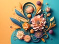 Colorful floral background with paper cut flowers and leaves. 3d illustration