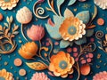 Colorful floral background with paper cut flowers and leaves. 3d illustration