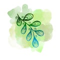 Colorful line art Leave on watercolor green blobs. Linear hand drawing Leaf on white background