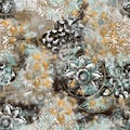 Colorful floral carved wood watercolor seamless pattern Royalty Free Stock Photo