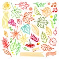 Colorful floral collection with leaves and decorative elements, autumn leaf hand drawn vector illustration Royalty Free Stock Photo