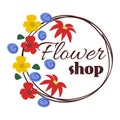 Colorful floral design for flower shop logo with a circular frame. Bright flowers and leaves surround elegant script