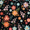 Colorful floral embroidery on black background. Beautiful seamless pattern with summer flowers Royalty Free Stock Photo