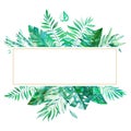 Colorful floral frame with green tropical leaves. Royalty Free Stock Photo