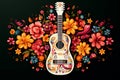 Colorful Folk Floral Guitar Illustration on Black Background