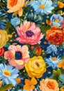 Colorful floral illustration with various flowers and lush greenery. Blooming garden. Bold bright colors. Spring or Royalty Free Stock Photo