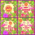 Colorful floral labels variation for hot summer sale with tropical leaves, sun, exotic flowers and pink flamingos