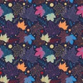 Colorful floral leaves seamless pattern, hand drawn maple leaves, creative line art background, great for fall seasonal fabric Royalty Free Stock Photo