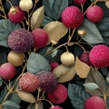 Colorful Floral Pattern with Berries and Leaves on Dark Background Royalty Free Stock Photo