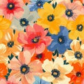 Colorful Floral Pattern Design: Vibrant Spring Blossoms on Fabric Texture