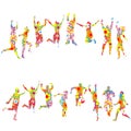 Colorful floral patterned silhouettes of jumping people Royalty Free Stock Photo