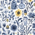 Colorful Floral Patterns Featuring Unique Vases and Botanical Elements in a Charming Artistic Style Royalty Free Stock Photo