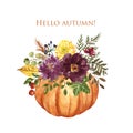 Watercolor pumpkin arrangement with fall flowers and foliage on white background. Autumn floral bouquet illustration