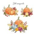 Colorful floral pumpkin bouquet illustration. Watercolor orange pumpkin and autumn flowers and leaves, isolated on white Royalty Free Stock Photo