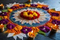 Colorful Floral Rangoli Design with Lit Diyas Royalty Free Stock Photo