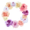 Colorful floral round wreath of lilac, orange, yellow, purple and red rose flowers isolated on white background. Hand drawn Royalty Free Stock Photo