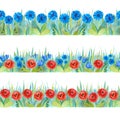 Colorful floral seamless borders. Bright background - grass with red and blue flowers. Royalty Free Stock Photo