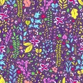 Colorful floral seamless pattern, doodle cartoon flowers, exotic natural background, hand drawing. Multi-colored bright plant