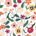 Colorful floral seamless pattern. Endless natural botanical background with blooming meadow flowers for fabric or Royalty Free Stock Photo