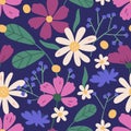Colorful floral seamless pattern. Endless natural botanical background with blooming meadow flowers for fabric or Royalty Free Stock Photo