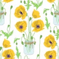 Colorful floral seamless pattern with hand drawn yellow poppy flowers inside mason jar on white background. Stock vector