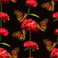 Colorful floral seamless pattern with red peony flowers and monarch butterflies collage on black background Royalty Free Stock Photo