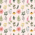 Beautiful floral seamless pattern with small flowers on peach pink background. Watercolor wildflowers illustration