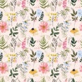 Colorful floral seamless pattern with wildflowers on pastel pink background. Watercolor wildflowers, herbs, green leaves