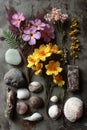 Colorful Floral and Seashell Still Life on Grey Royalty Free Stock Photo