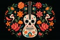 Colorful Floral Skull Guitar Illustration on Black Background Dia de los Muertos Royalty Free Stock Photo