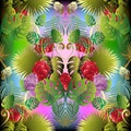 Colorful floral tropic flowers and palm leaves seamless pattern.