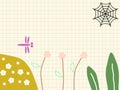 Colorful florals green leaf and pink dragonfly. cute background illustrations drawings.