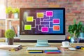 Colorful flow chart on computer screen, business workflow hierarchy algorithm processing management Royalty Free Stock Photo