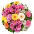 Colorful flower bouquet with chrysanthemums, gerbera daisies and ornamental cabbage isolated on white background Royalty Free Stock Photo