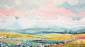 Soft Color Palette: A Mid-century Inspired Painting Of A Field With Mountains And Flowers