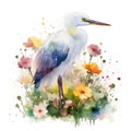 Colorful Flower Field with Endearing Baby Egret Watercolor Painting Art Print and Greeting Card Design