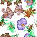 Colorful Flower Painting. Red Pattern Foliage. Green Seamless Plant. Purple Orchid Print. Pink Hibiscus Painting. Botanical Leaves Royalty Free Stock Photo