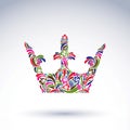 Colorful flower-patterned crown, coronation design element. Classic royal accessory decorated with abstract flowervector pattern.