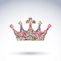 Colorful flower-patterned crown, coronation design element. Classic royal accessory decorated with abstract flowervector pattern.