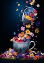 Colorful flower petals fly from a vase on a dark background Royalty Free Stock Photo