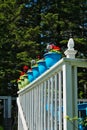 Colorful flower pots on a white balcony railing Royalty Free Stock Photo