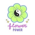 Colorful Flower Power lettering with 60s hippie style ying-yang daisy flower