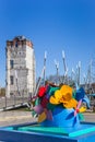 Colorful flower sculpture and climbing wall in Gronau