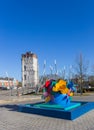 Colorful flower sculpture and climbing wall in Gronau