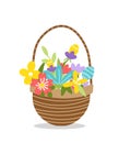Colorful flower woven basket. Wicker spring or summer floral basket. Flat, cartoon, isolated