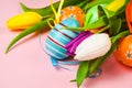 Colorful flowering beautiful bouquet of tulips and eastern egg