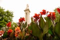 Colorful flowers adorn the Fuente de Sevilla, is a fountain located in the Puerta de Jerez.