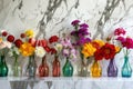 Colorful flowers in assorted glass vases on marble background Royalty Free Stock Photo