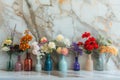 Colorful flowers in assorted glass vases on marble background Royalty Free Stock Photo