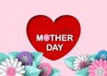 Colorful flowers on big heart and wording of mother`s day and on pink background. Greeting card of Mother`s day in vector design Royalty Free Stock Photo